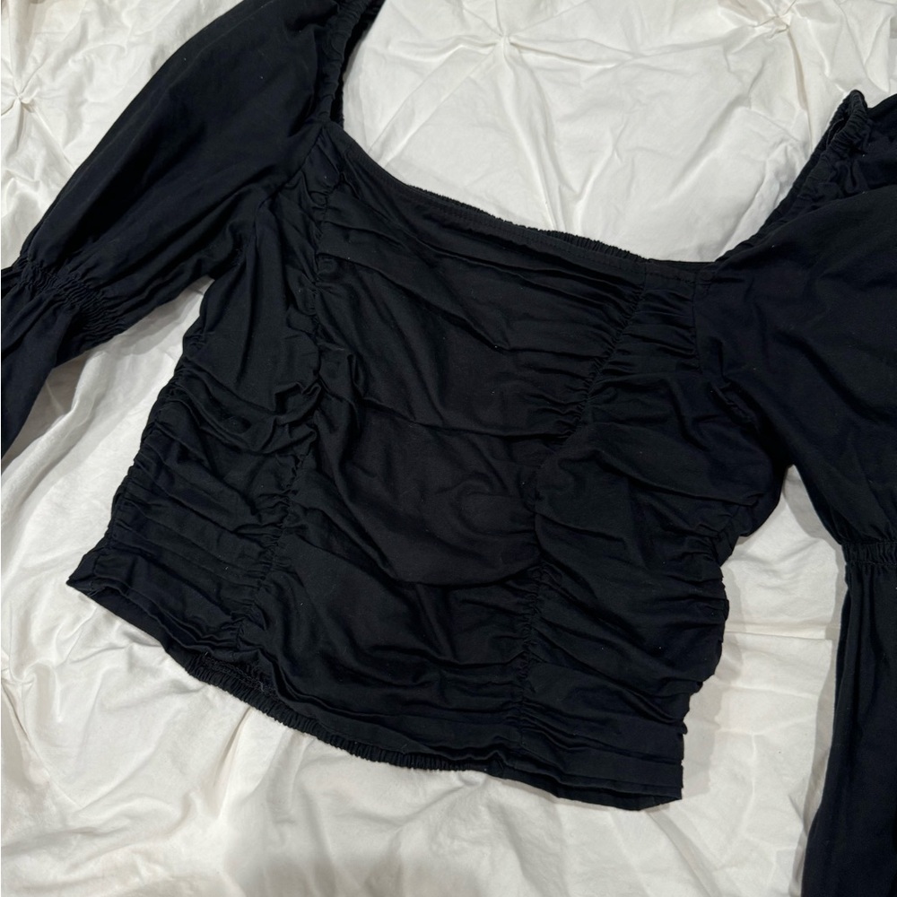 H&M Black Long Sleeve Ruched Asymmetrical Blouse